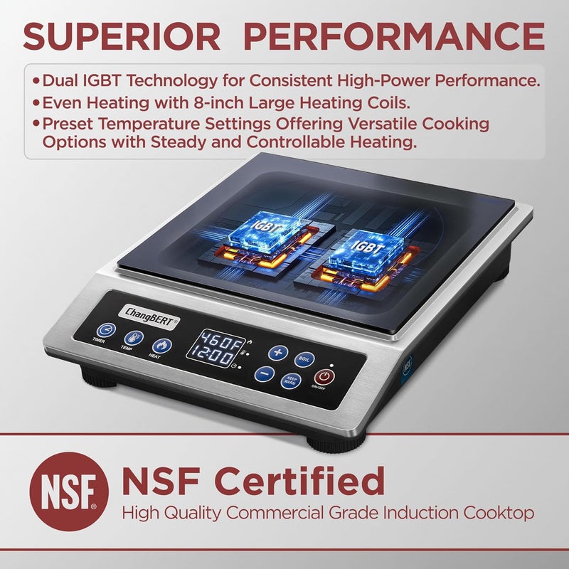CHANGBERT Portable Induction Cooktop Enhanced Version, One-Click Max Power 1800W Large Heating Coil Burner, Precise Temperature Control, NSF Certified, Low Noise Hot Plate for Home & Commercial - Image 4